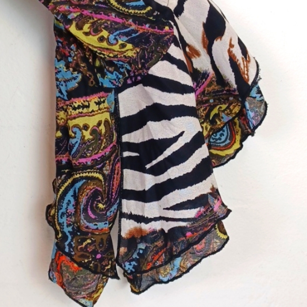 LE CAVIAR Zebra Floral-Graphic Lace Ribbon Ruffle Bell Sleeve  Edgy Blouse SZ L - Picture 8 of 15